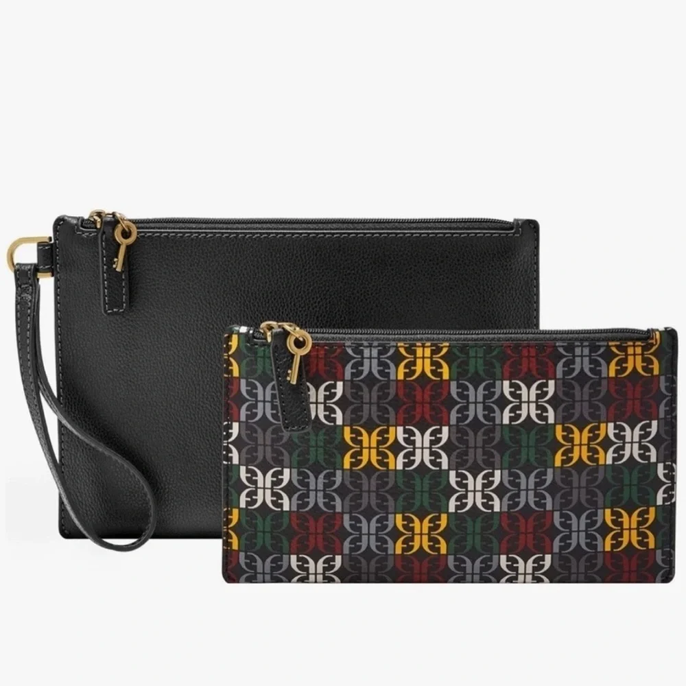 Fossil Black and Red Leather Clutch Wristlet